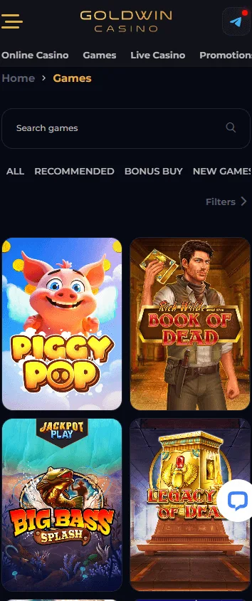Goldwin Casino games area on mobile