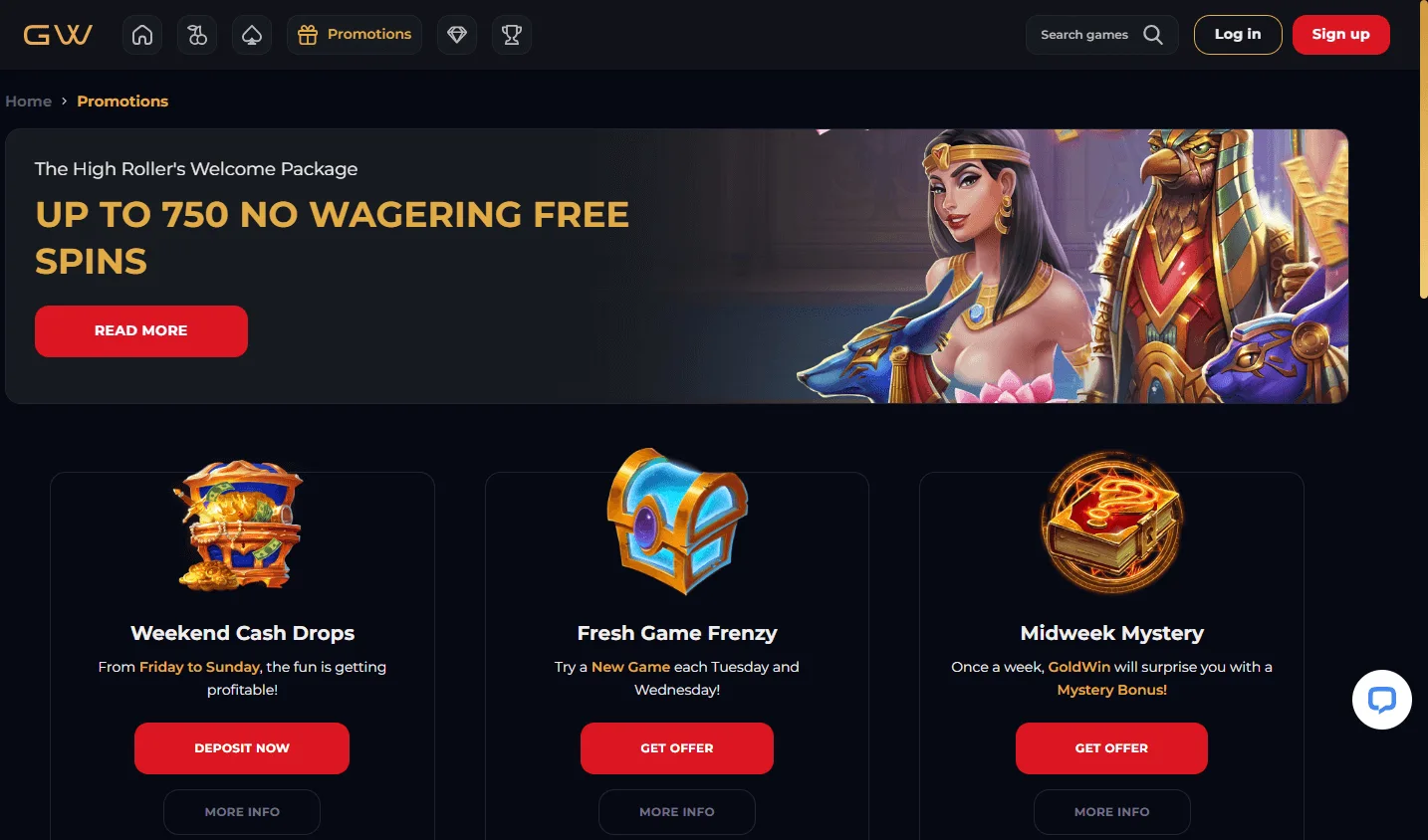 Goldwin Casino promotions area on desktop