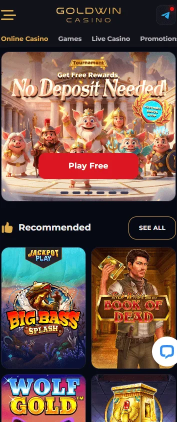 Goldwin Casino home screen on mobile