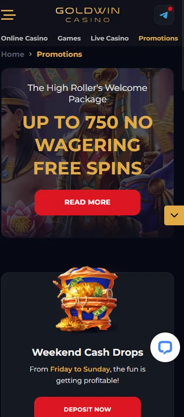 Goldwin Casino promotions area on mobile