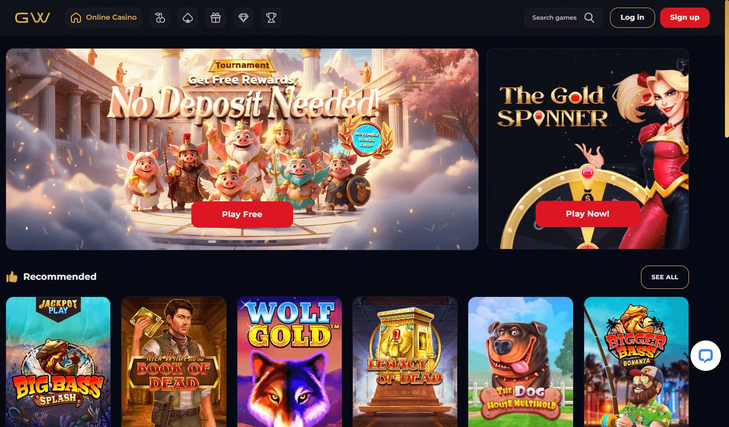 Goldwin Casino home screen on desktop